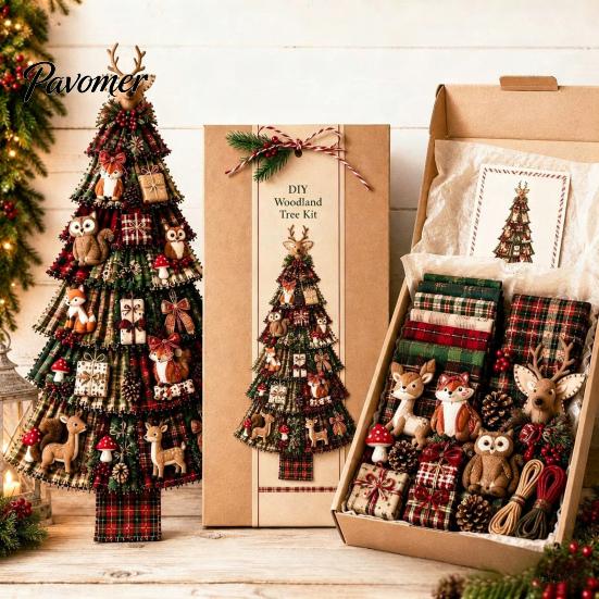 Cadeau d'artisanat de Noël pour adultes Kit d'arbre patchwork surdimensionné à faire soi-même, Ensemble d'assemblage en tissu à carreaux rétro Art des fêtes et avec des ornements suspendus Maison