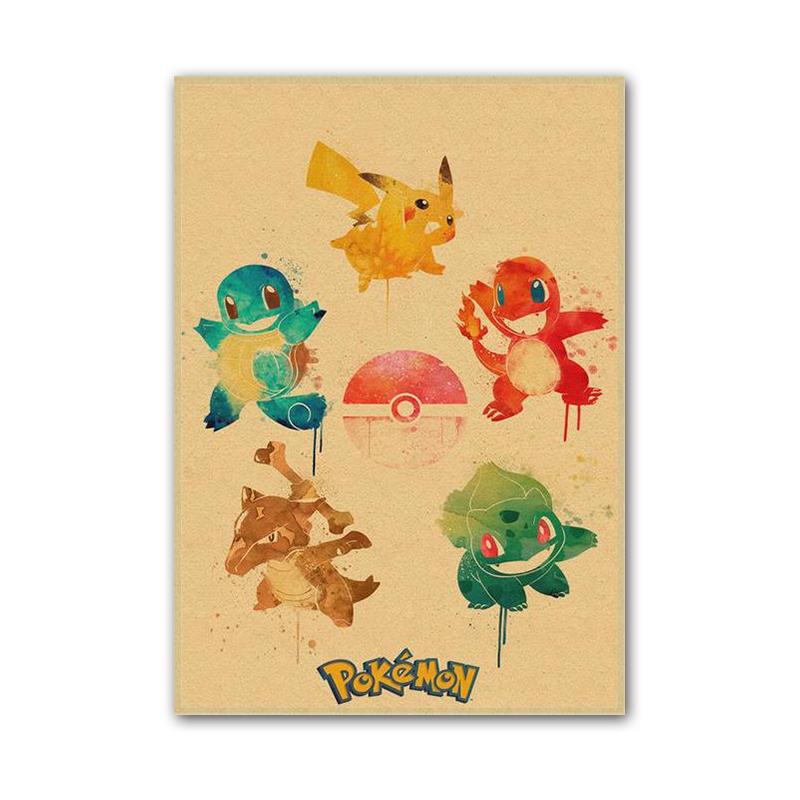 Vintage Pokemon Pikachu Squirtle Bulbasaur Poster Print Anime Canvas Painting Mural Children Bedroom Home Wall Art Decoration