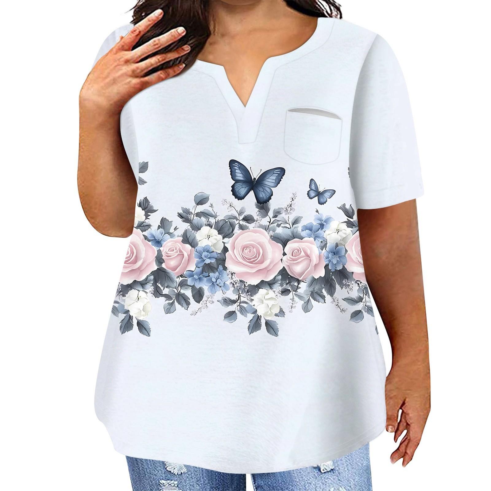 

Женская футболка большого размера, повседневный топ с карманами и V-образным вырезом с короткими рукавами XXL белый
