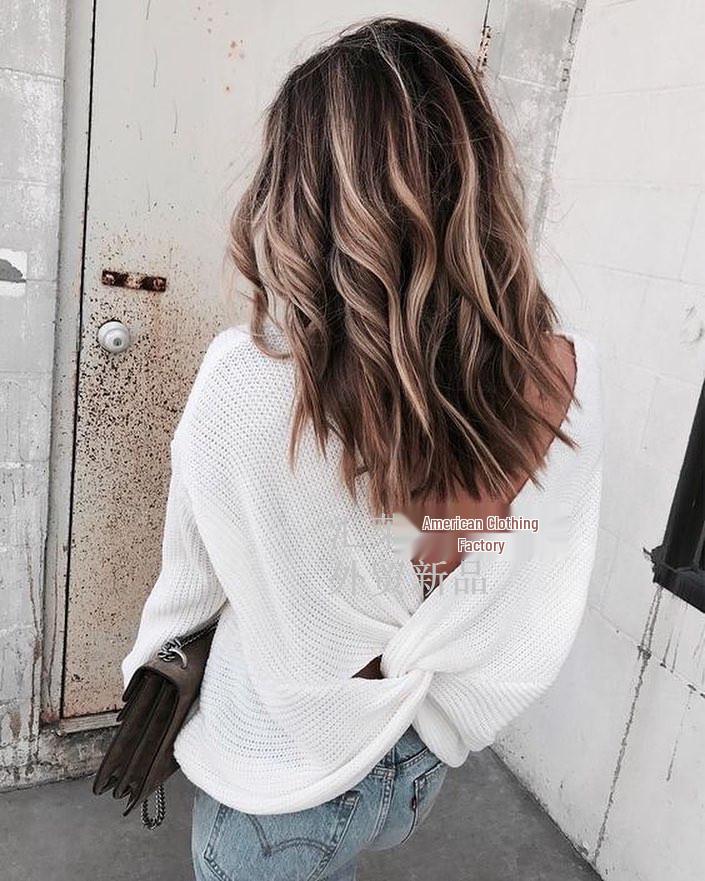 Women's 2018 Autumn Winter Knitwear: Round Neck Backless Cross Sweater for Office Commuting