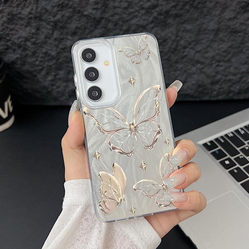 Laser Phone Case For Samsung Galaxy S25 S24 S23 Ultra S24 FE S22 Plus A55 A15 A16 A35 A25 A54 A56 5G Gold Butterfly Print Cover
