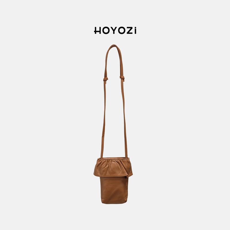 

[Xiaoyoujia Bag] Hoyozi First Layer Cowhide Phone Crossbody Small Bag Female 2025 New Arrival Summer Golden Brown [New]]