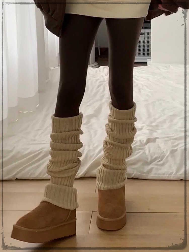 Women's Korean Style Knit Wool Leg Warmers - White Calf Socks for Autumn & Winter