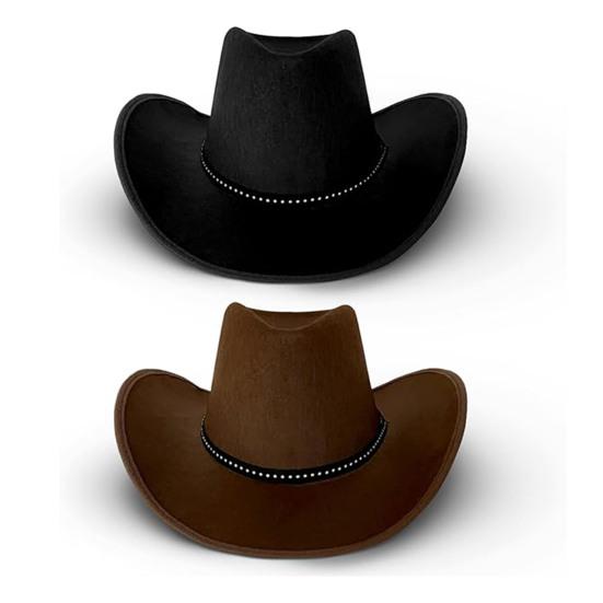 Vestlig Cowboyhatt for Menn Kvinner Filt Bredbremmet Cowgirlhatt med Sølvperler Rull opp Fedora-hatt for Wild West Kostymefest Halloween Cosplay
