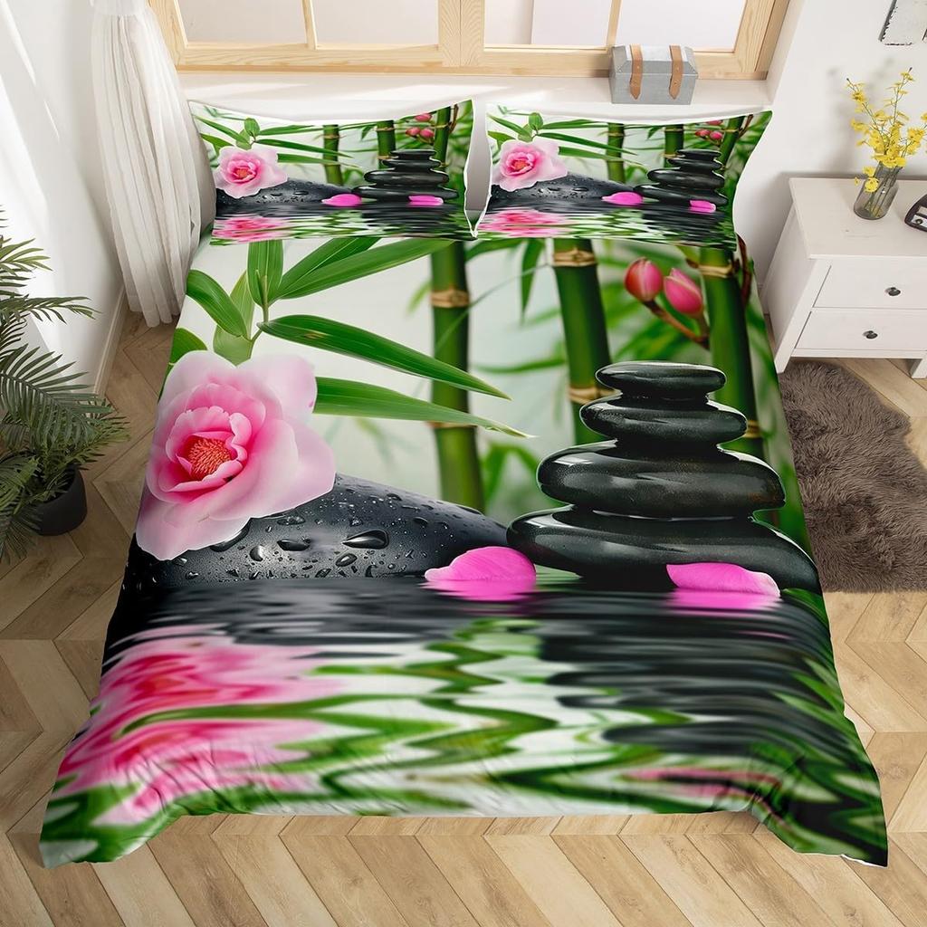 Zen Stones Duvet Cover Green Bamboo Fountain Bedding Set,Twin King,Spa Still Life Comforter Cover Natural Meditation Quilt Cover
