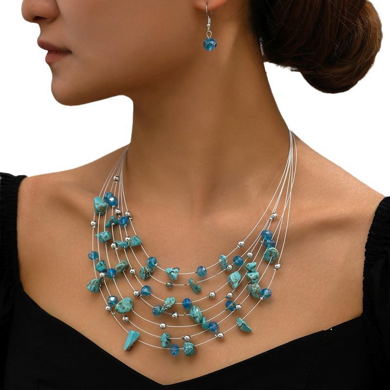 Multilayer Colorful Crystal Stone Beads Necklace Earrings Set Women African Beads Jewelry Set Bijoux Femme Wedding Party
