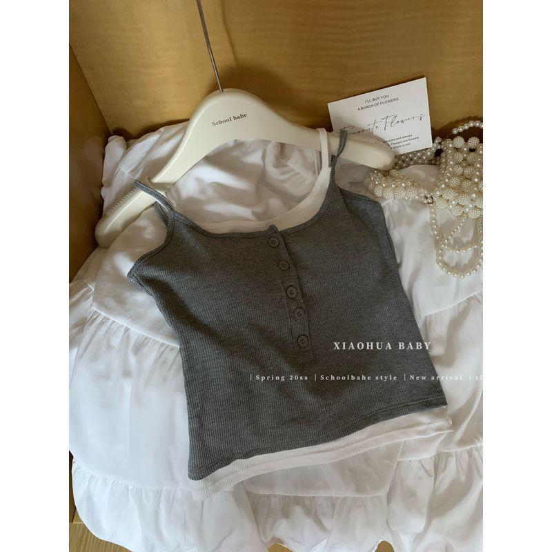 Kumikumi Pure Desire Style Contrast Color Fake Two-Piece Button Cami Women Summer Slim fit Slimming With Chest Pad Top