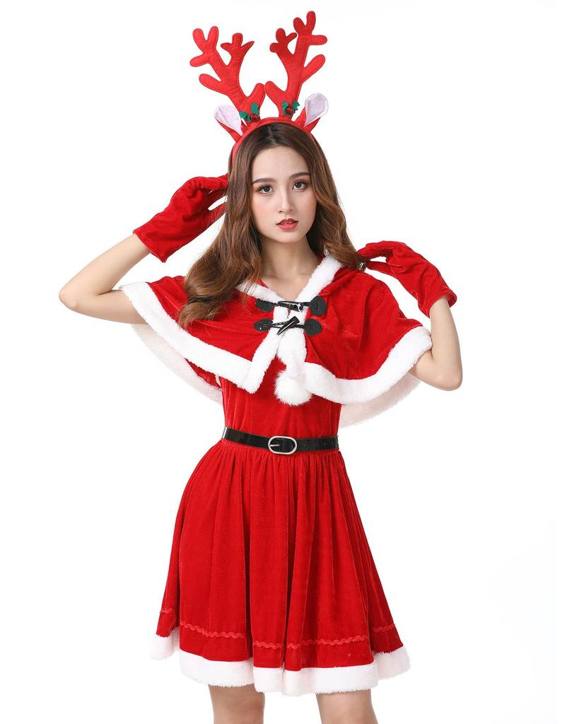 Milky Time Women's Christmas Santa Dress with Reindeer Headband (Red)