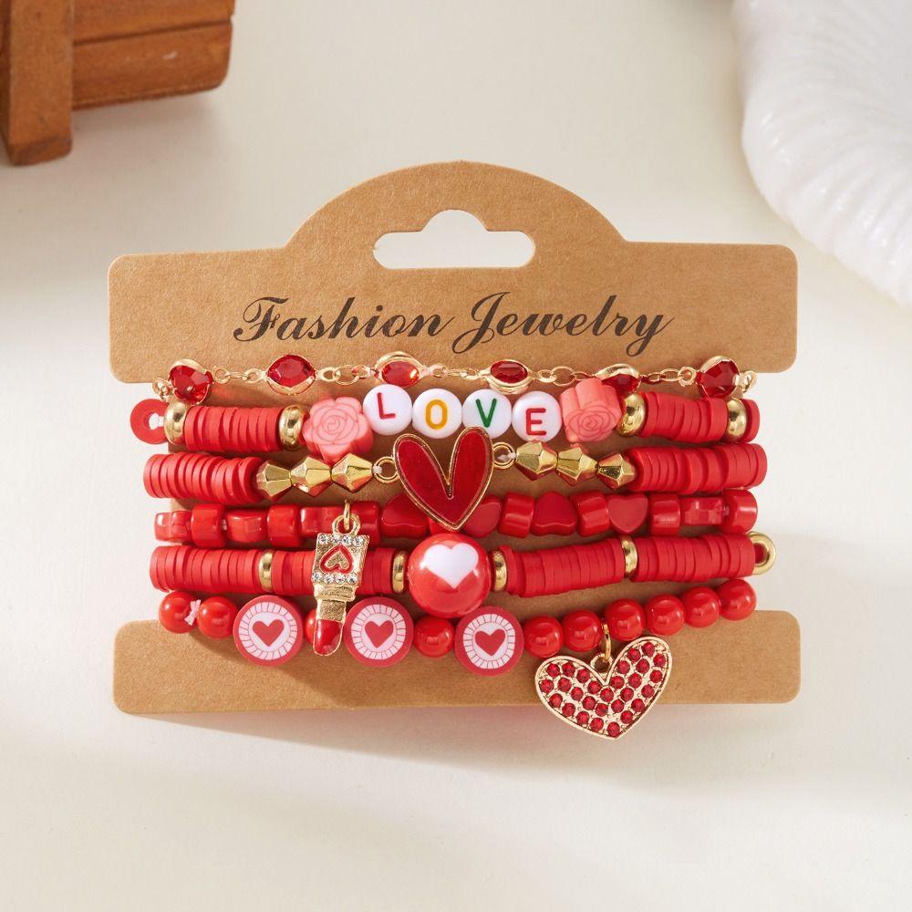 Handmade Design Soft Clay Beaded Bracelet Letters Heart Pendant Hand Chain  New Year Gift