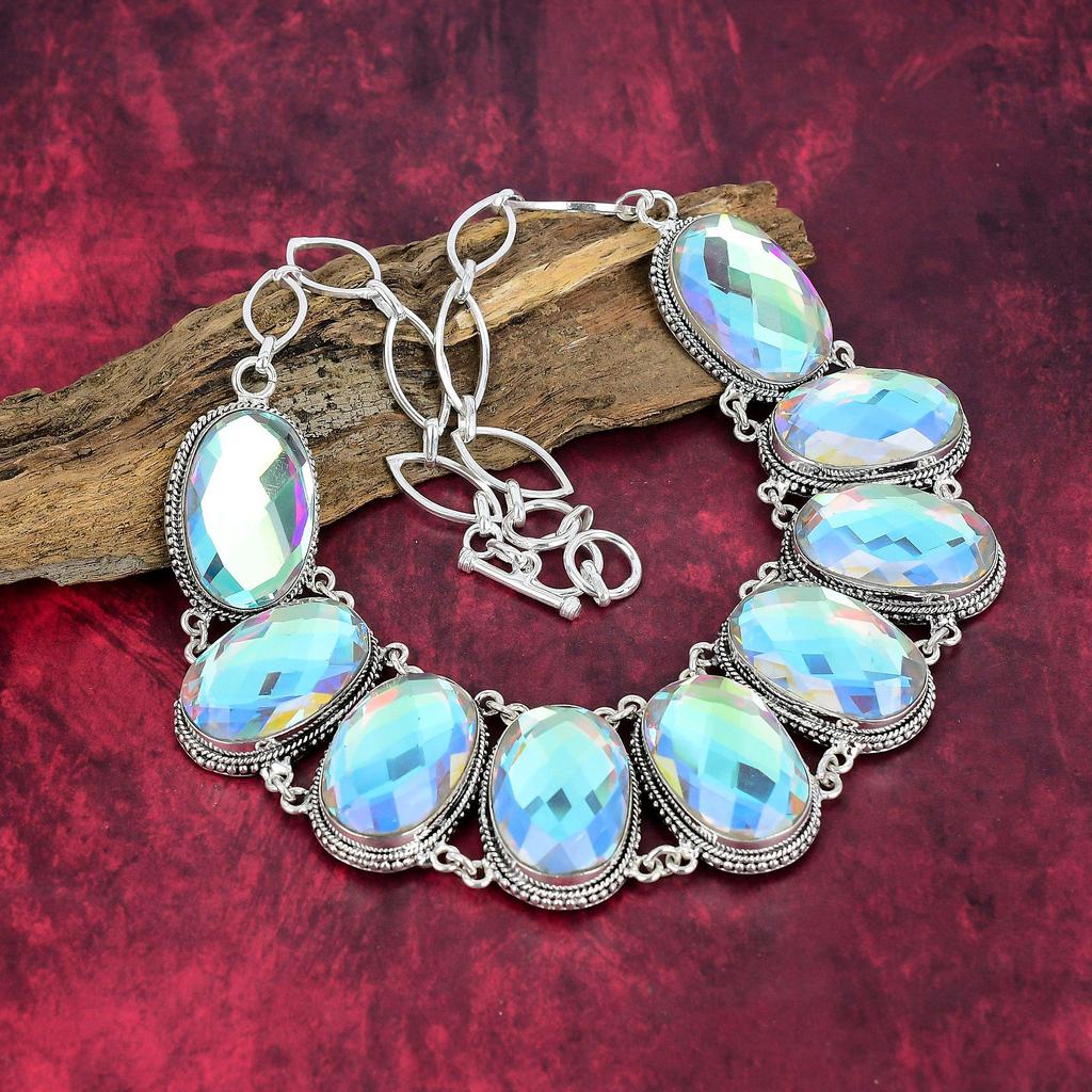 Faceted Mystic Topaz Handmade Jewelry, Mystic Topaz 925 Solid Sterling Silver Necklace & Bracelet, Gemstone Silver Jewelry Set For Love