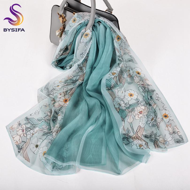 [BYSIFA] 100% Silk Chiffon Scarf Female Brand Leaves Design Grey Khaki Long Scarves Beach Shawls Fall Winter Women Neck Scarves
