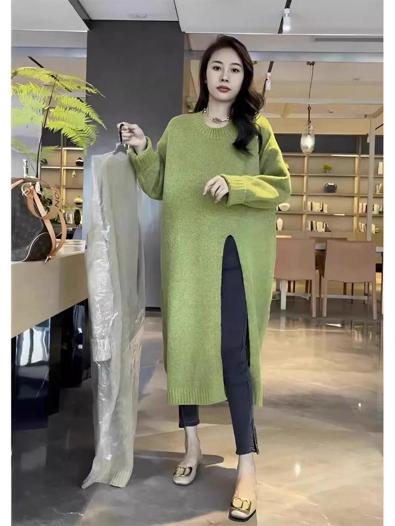 Women's Mid-Length Knitted Sweater Dress: Lazy Style, Round Neck, Loose Fit, Side Slit, Over-the-Knee, Autumn/Winter