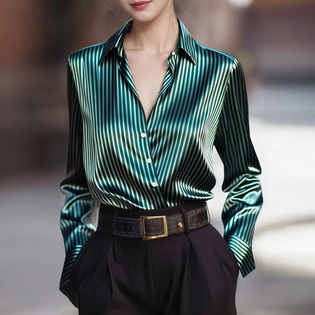 Elegant And Stylish Retro Striped Collared Long,sleeved Shirt For Women
