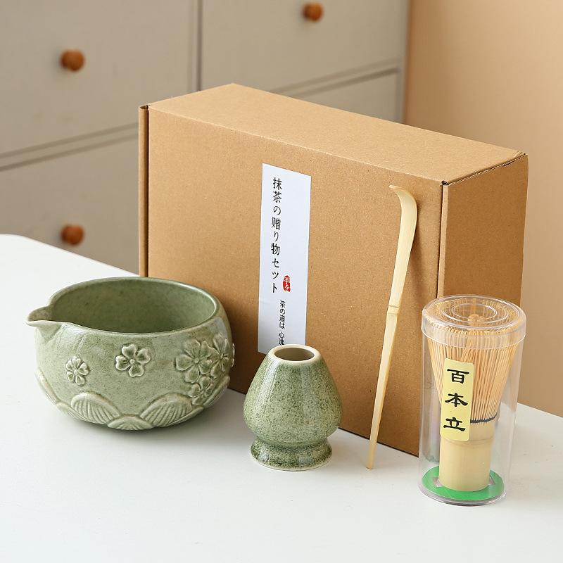 8pcs Cherry Blossom White Matcha Bowl with Matcha Whisk Set, Japanese Tea Set Includes Matcha Bowl with Spout