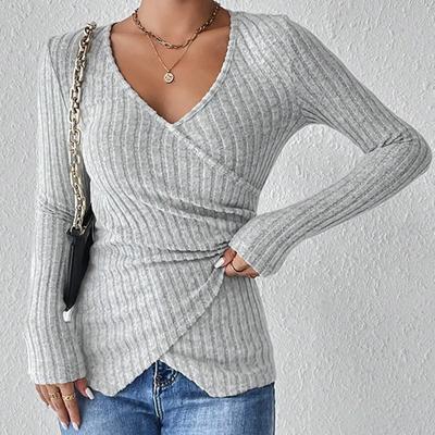 Damen Herbst- und Winter Langarm V-Ausschnitt Schlitz Slim Fit Mode Geripptes Crop-Top