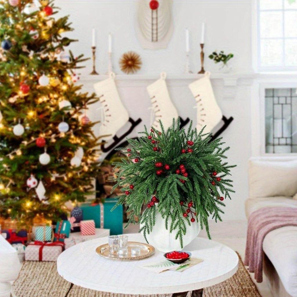 Christmas Decoration Norfolk Simulation Needles, Red , Green Plants, Cuttings, DIY Matching Ornaments