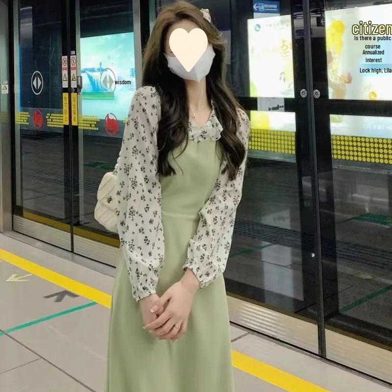 Elegant Autumn Floral Dress: French-Inspired, Two-Piece Look, All-Match Fairy Style