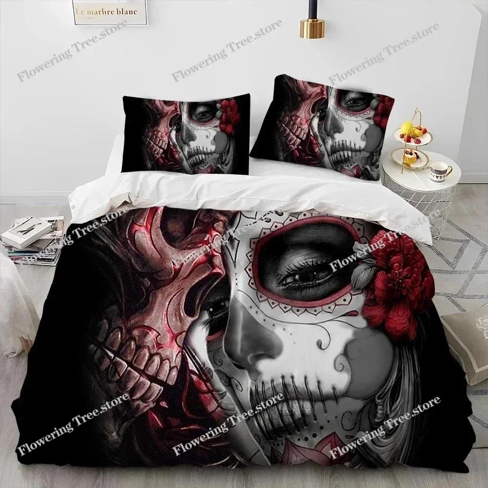 3D Horror Gothic Vrouwelijke Schedel Dood Meisje Dekbedovertrek Beddengoedset, Dekbedovertrek Bedset Quiltovertrek Kussensloop, Queen Size Beddengoedset