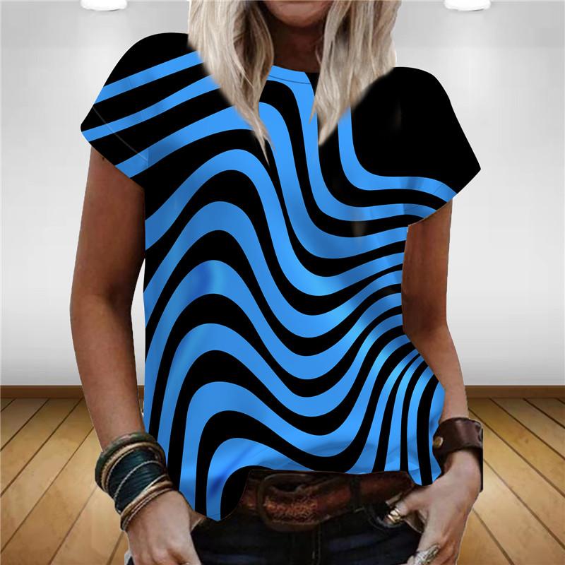 Women's summer striped themed T-shirt, women's 3D printed round neck T-shirt, rainbow 3D casual T-shirt