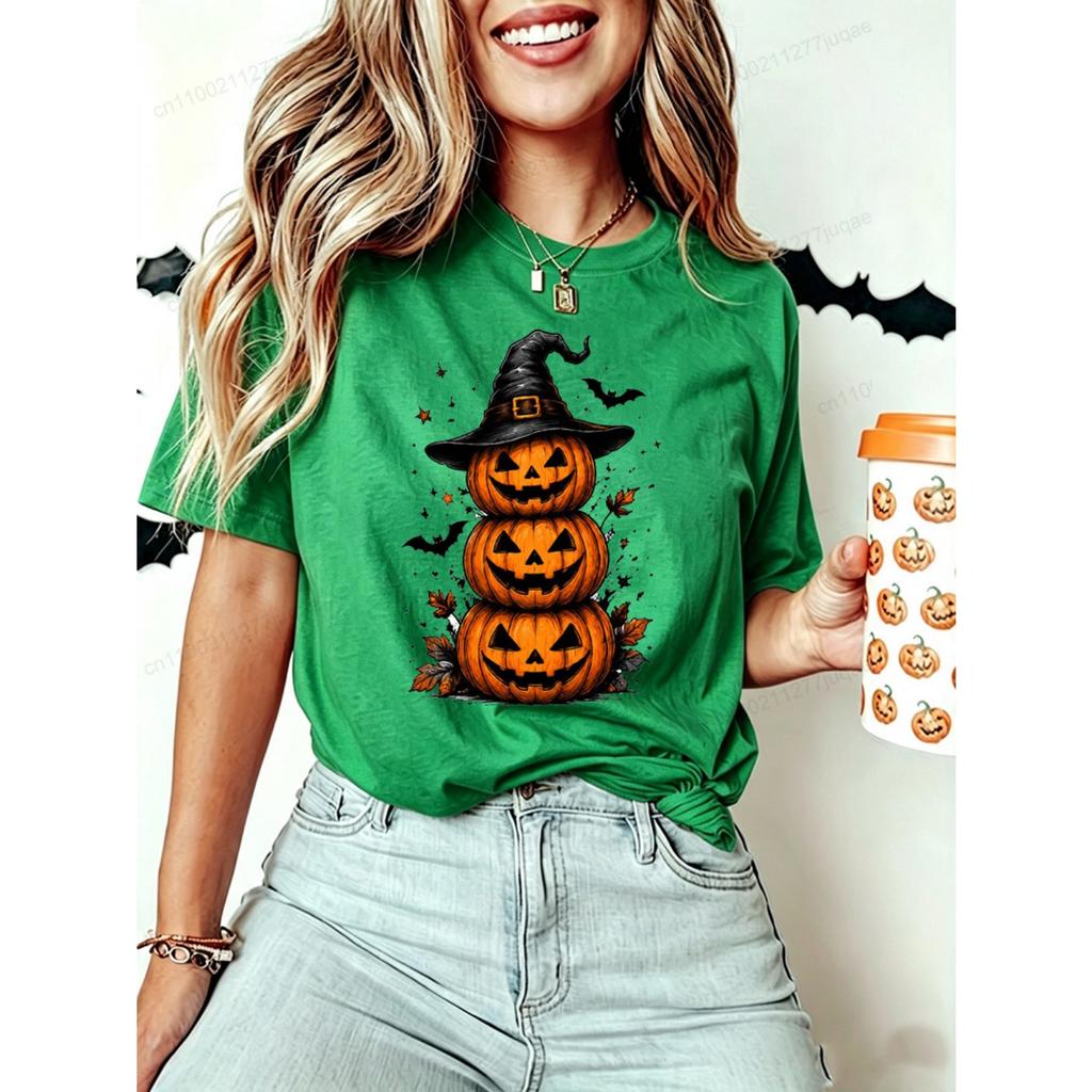 Women Halloween Pumpkin Witch Hat Print T‑Shirt Spooky Bat Graphic Tees Casual Short Sleeve Tops Halloween Party Female T‑shirt
