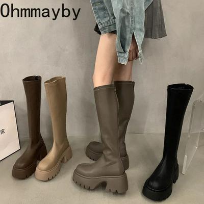 Winter Hoge Laarzen Voor Dames Mode Achterritsen Lange Laarzen Vrouwelijk Elegant Platform Dikke Zool Dames Ridder Enkellaarsjes