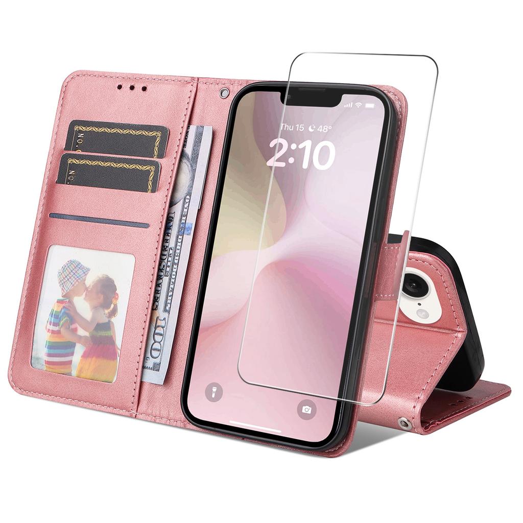 For iPhone 16e PU Leather Wallet Case Phone Stand Cover with Tempered Glass