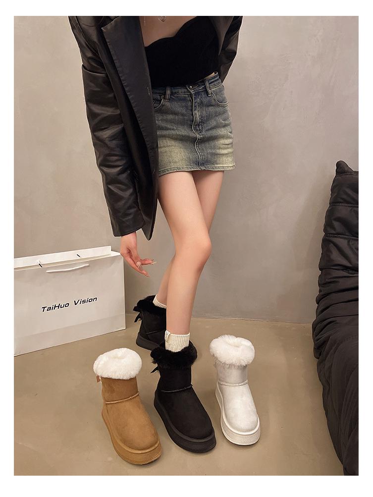 2025 Winter Thick-Soled Fleece-Lined Slip-On Snow Boots with Bow Detail - Warm Plus Size