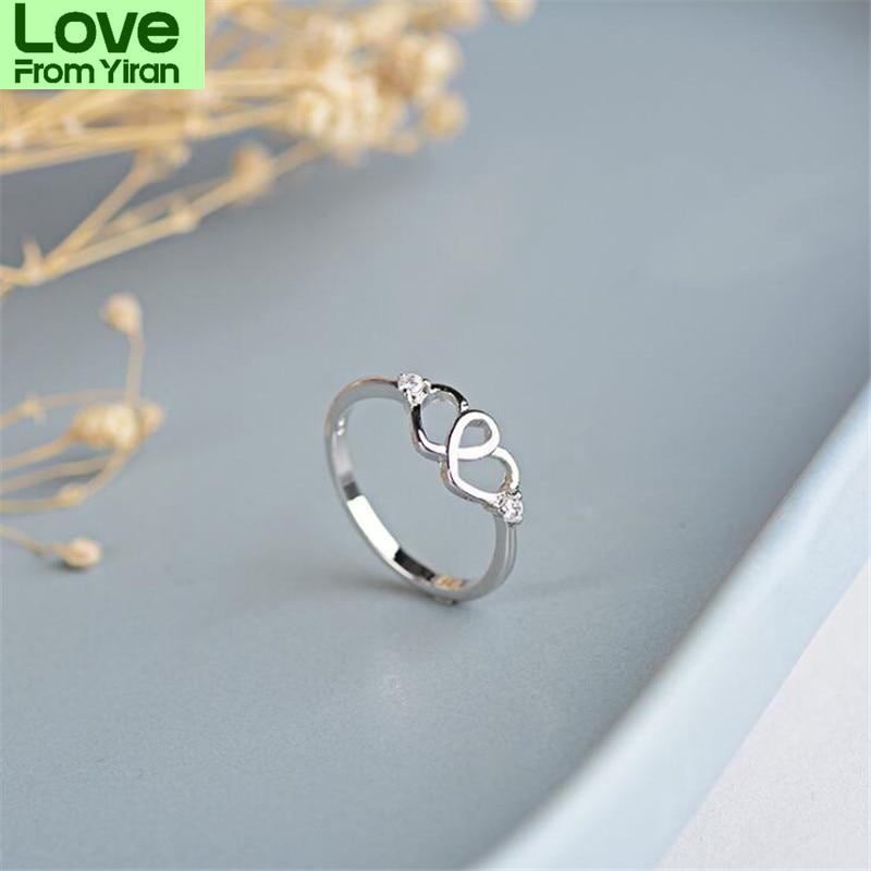 Latest Small Fresh Heart Shaped Creative Double Love Hollow Sterling Tone Jewelry Stylish Fashionable Crystal Stone Opening Rings