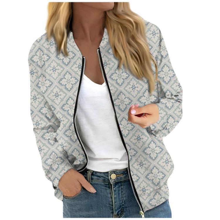 Fashionable Women Long Sleeve Casual Jacket Floral Leaf Print Round Neck Zipper