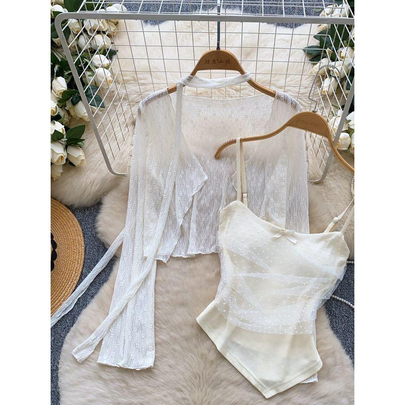 Atmosphere Sense Fairy Top 2025 New Design Sense Irregular Mesh Patchwork Cami + Long sleeve Outerwear