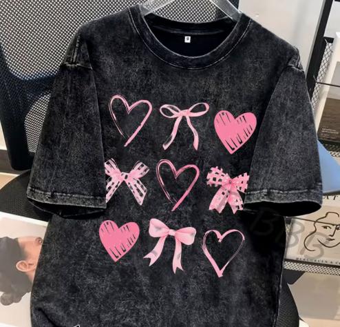 

Summer Womens Printed TShirt Vintage Washed Style Pink Heart Bow Printed Street Style TShirt S