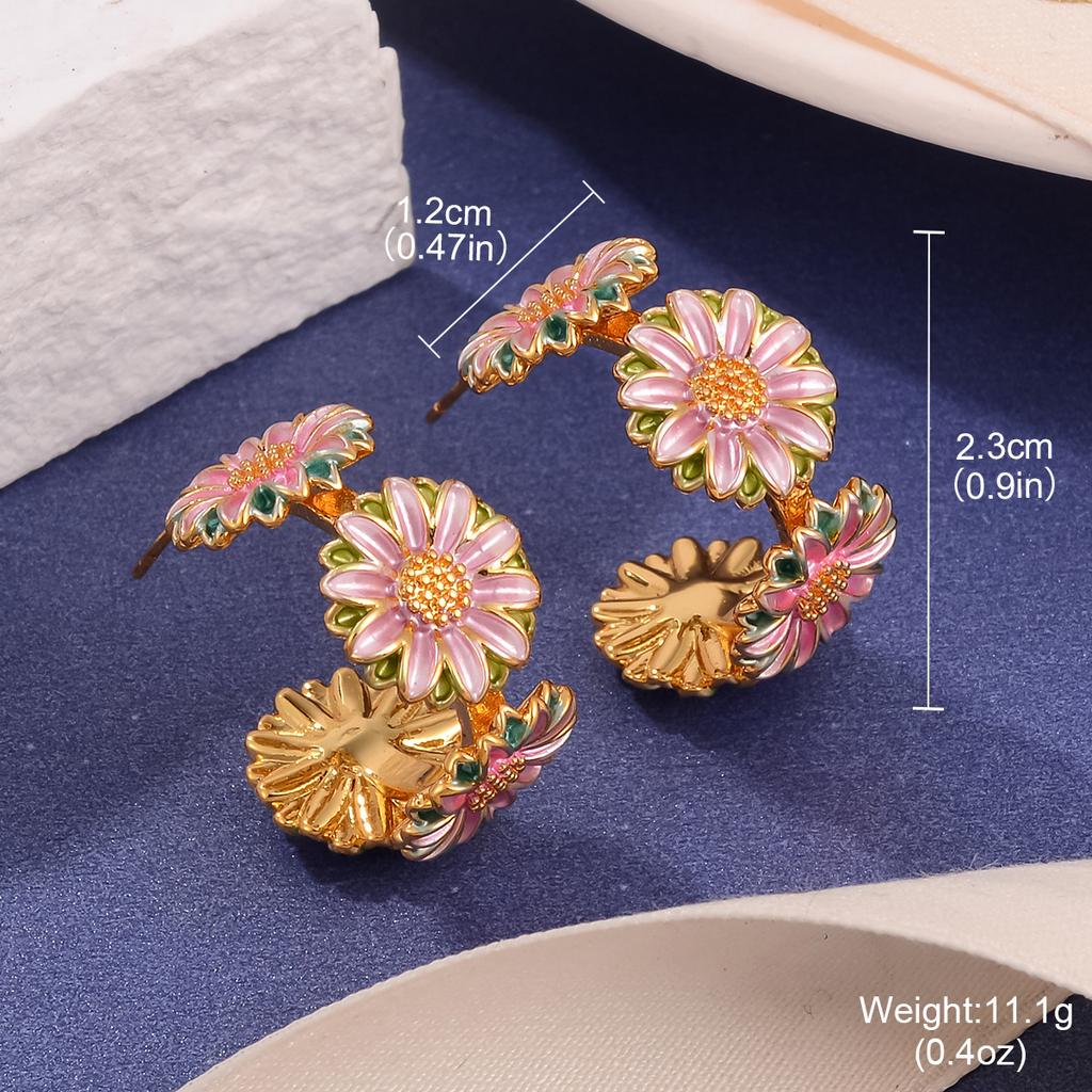 Aesthetic French Retro Enamel Flower Stud Earrings Monet Garden Oil Painting Antique Pearl Oil Dripping Silver Needle Earrings Women