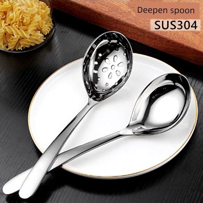 

Steel Spoon for Home and Commercial Use, Short Handle Soup Spoon, Slotted Spoon, Large Round Head Spoon, Large Ladle, Deepened Porridge Spoon Two-Piece Set (Colander + Soup Spoon)