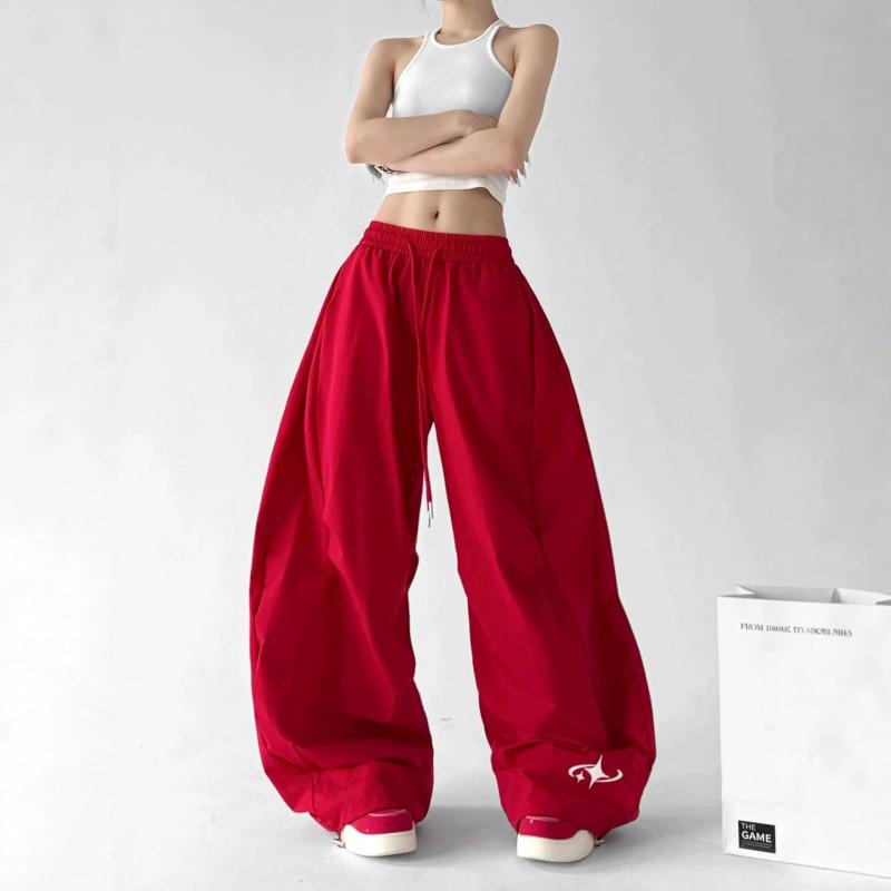 Womens Red Parachute Cargo Pants 2026 Loose Fit Drawstring Elastic Waist Casual Trousers