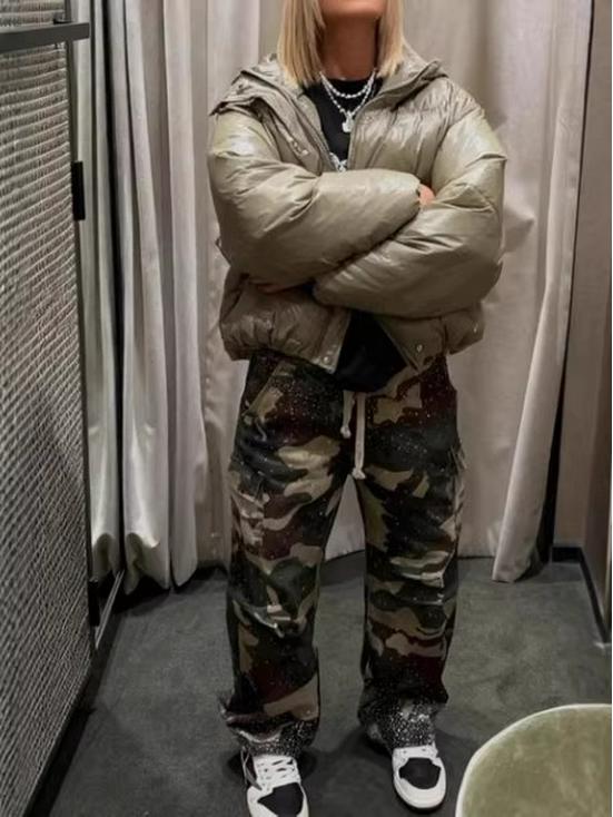 Pantalones Rectos Camuflados de Calle Retro Europeos y Americanos con Detalles de Taladro en Caliente