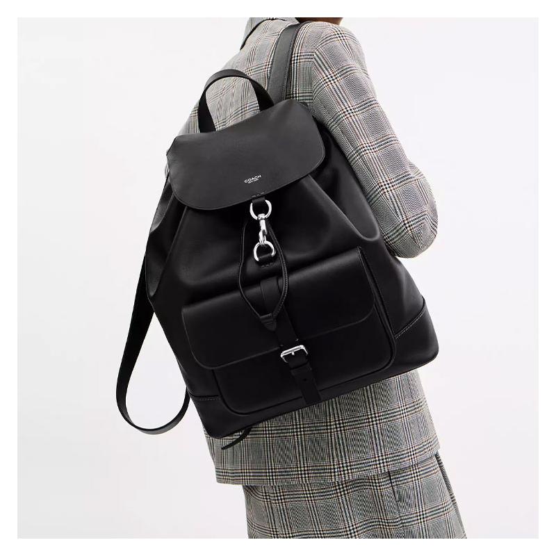 COACH Lennox 35 adjustable shoulder strap natural grain and vegetable tanned leather backpack large size men's black