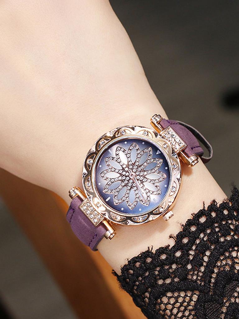 No gift box; Flower petal diamond dial, good luck alloy case, diamond belt ladies watch full diamond bracelet 2-piece set.