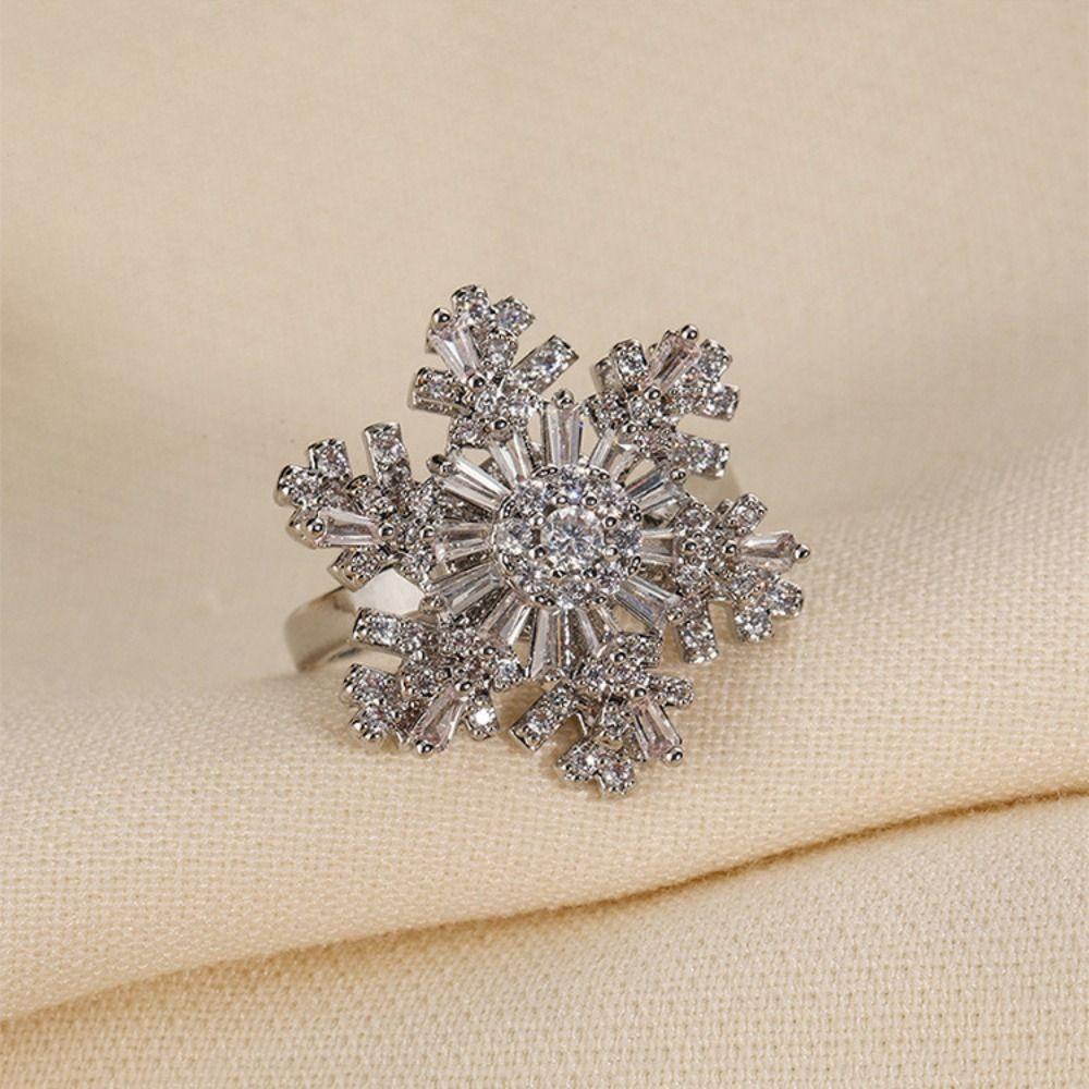 Crystal Rotatable Snowflower Ring Light Luxury Zircon Finger Ring Snowflake Ring  Valentine's Day