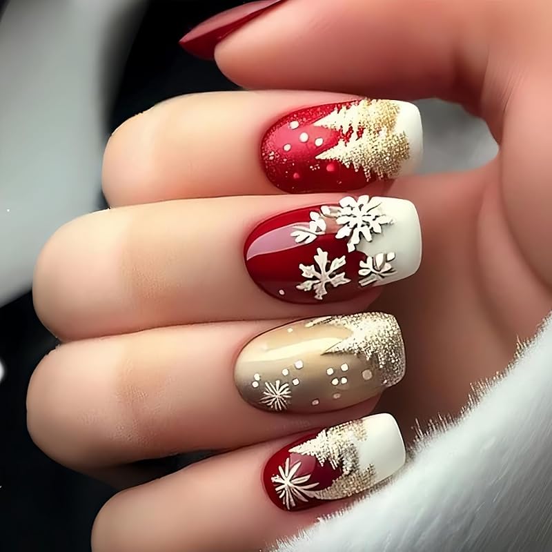Christmas Press On Nails Medium Square Fake Nails with Gold Snowflake Christmas Tree Designs Xmas Red False Nail Acrylic Winter Snow Stick On Nail