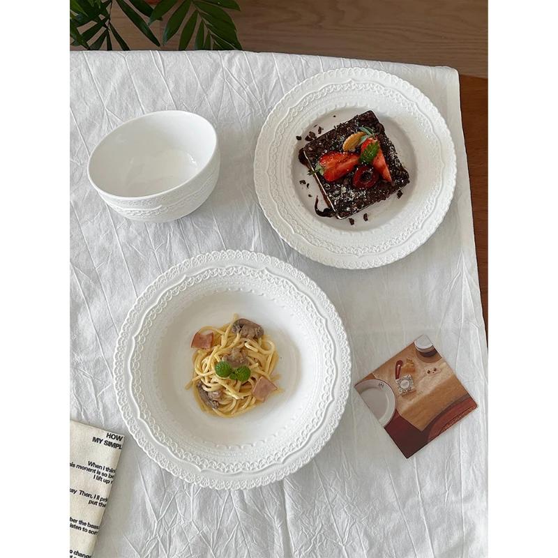 Französischer Stil Vintage Keramikteller Kreatives Spitzenrelief Haushalt Porzellan Geschirr Frühstück Toast Brot Kuchen Gerichte