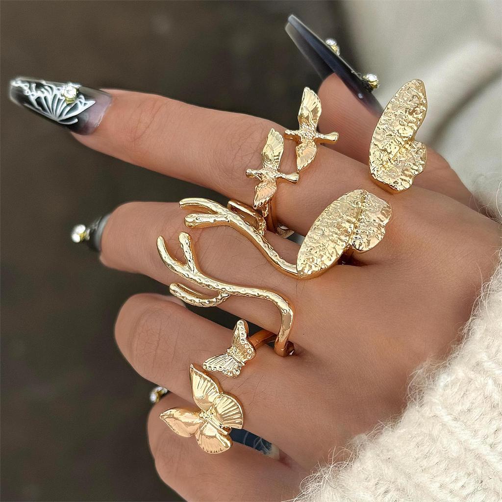 Personalized design gold butterfly antler ring Stylish and versatile bird wing opening ring four-piece set