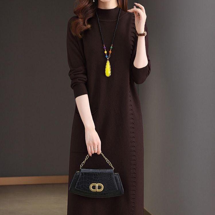 Half Turtleneck Knitted Dress Solid Color Loose Mid-length Sweater for Women Autumn and Winter Casual Long-sleeved Pullover