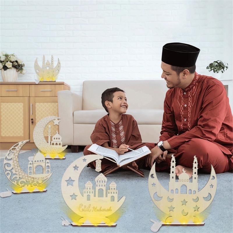 Unique Wooden EidMubarak Desk Ornament LED Moon Star DIY Lamp Light Table Decorations for Festive Celebrations