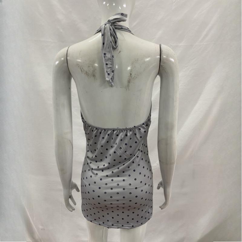 European and American Summer Polka Dot Backless V-neck Fashionable Hanging Neck Strap Design Waist Cinched Women's Vest Top