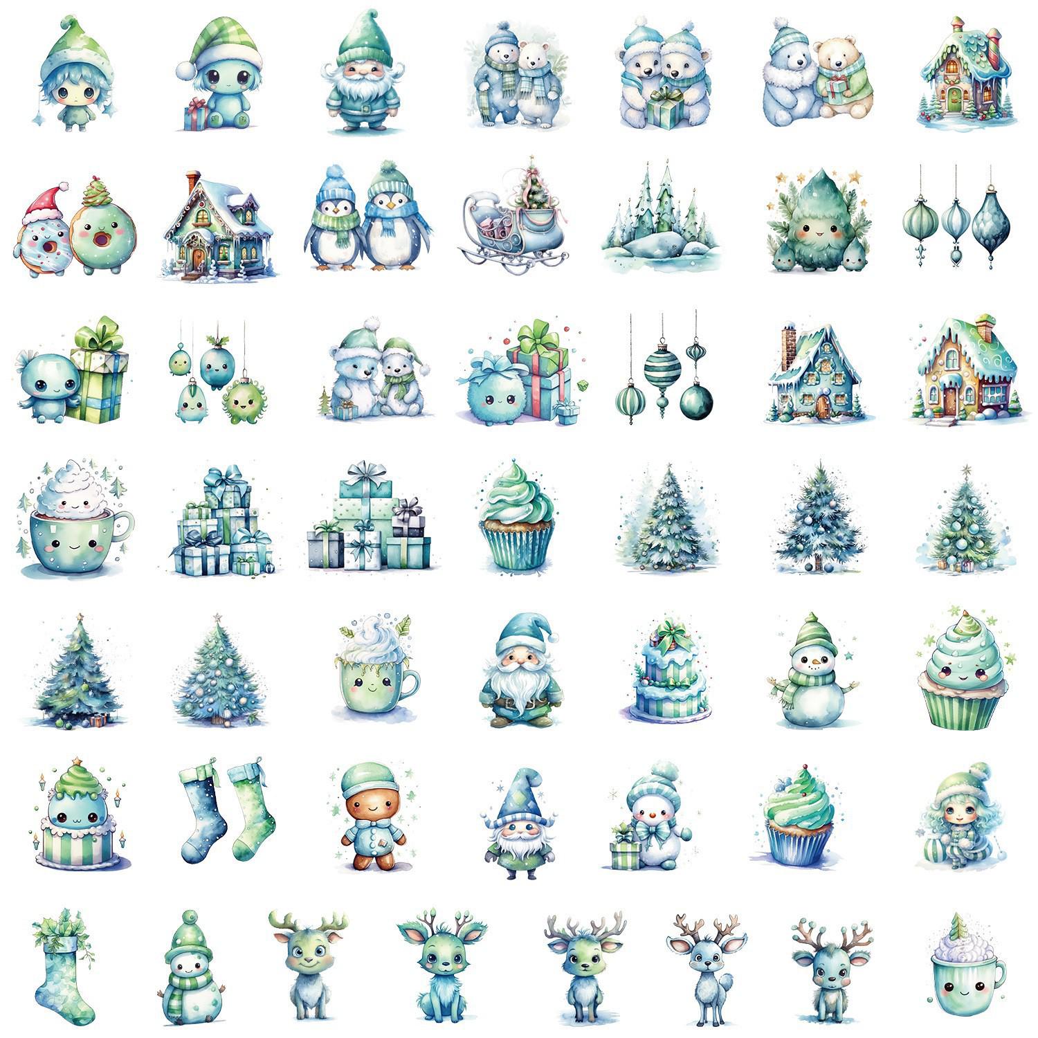 50/100 Waterproof Blue Christmas Graffiti Stickers for Water Bottles