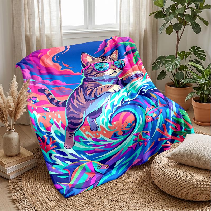 Summer Cat Paradise Theme blanket Lightweight Warm Flannel Blanket Decorative Throw Blanket for Home Decoration