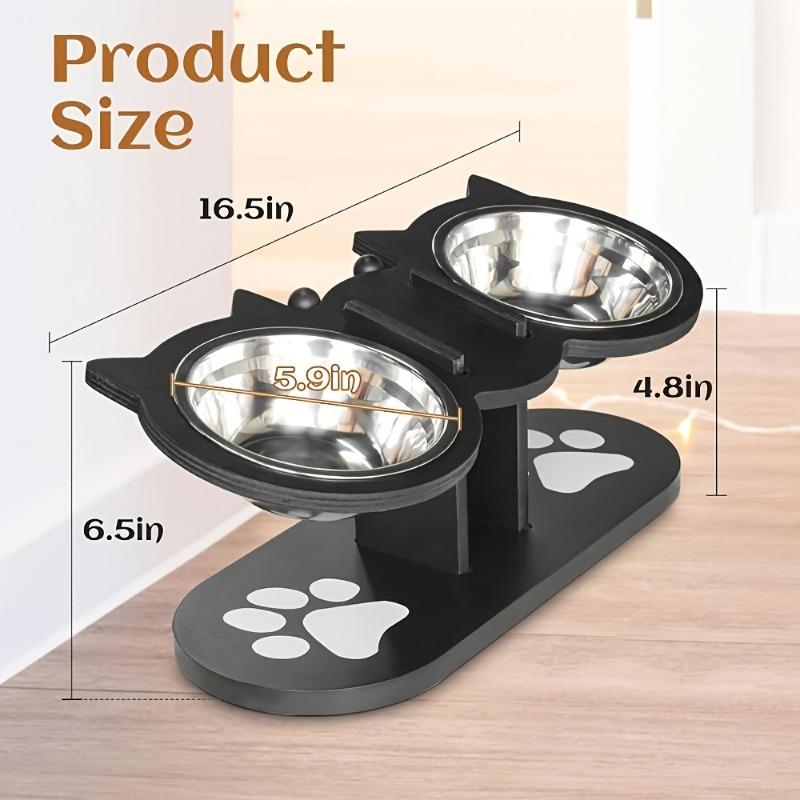 15° geneigter Futternapf für Haustiere mit auslaufsicherem Holzsockel und 3 Edelstahlnäpfen, ideal für Futter und Wasser von Katzen und kleinen Hunden.