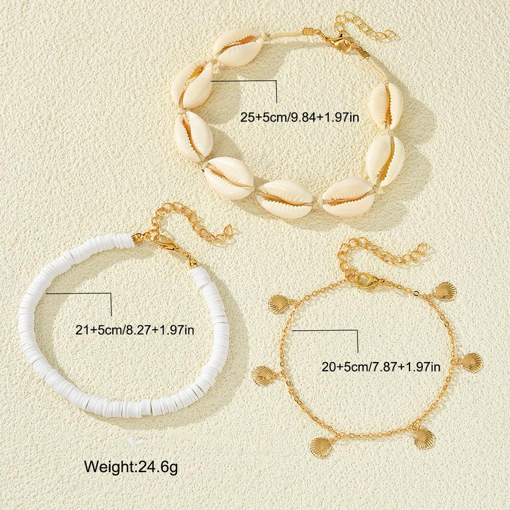 3Pcs/Set Bohemian Shell Conch Pendant Anklets Set For Women Trendy Summer Beach White Color Rice Beads Multilayer Anklet Jewelry