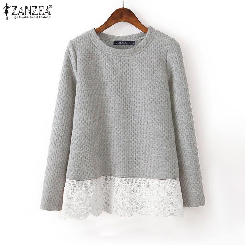 ZANZEA Lässiges Sweatshirt mit Rundhalsausschnitt und langen Ärmeln und Patchwork-Spitze für Damen