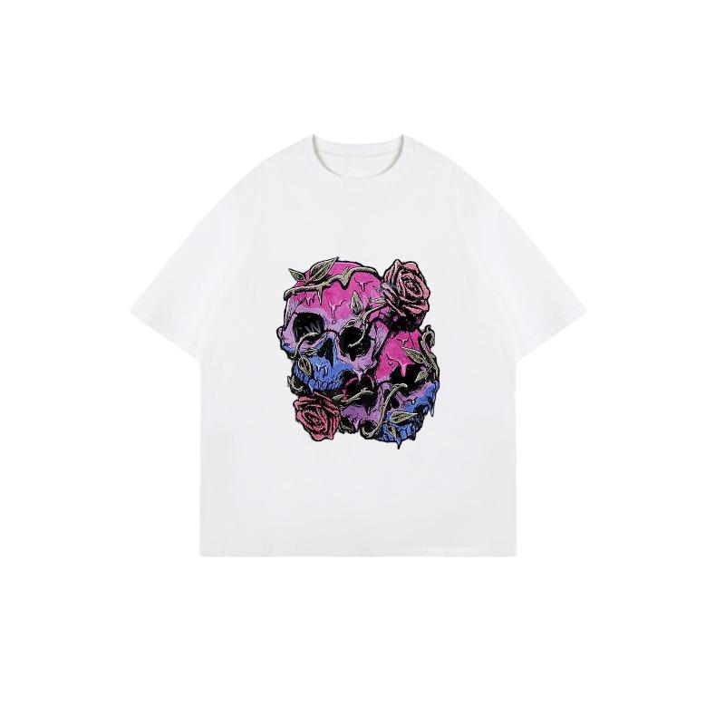 Oversized T Shirt Black Skull And Roses Print Casual Streetwear Top For Women